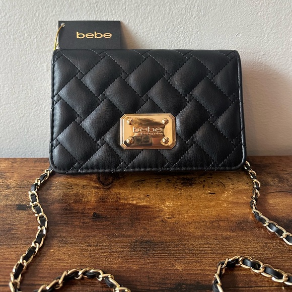 Bebe Crossbody Quilted Black Purse with Gold Chain Strap NWT - Picture 1 of 6